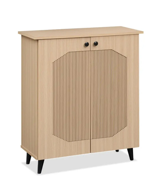 Geometric Cabinet 2â€‘Door PUâ€‘like Freestanding Footwear Storage with Carved Panels for Entryway Hallway Living