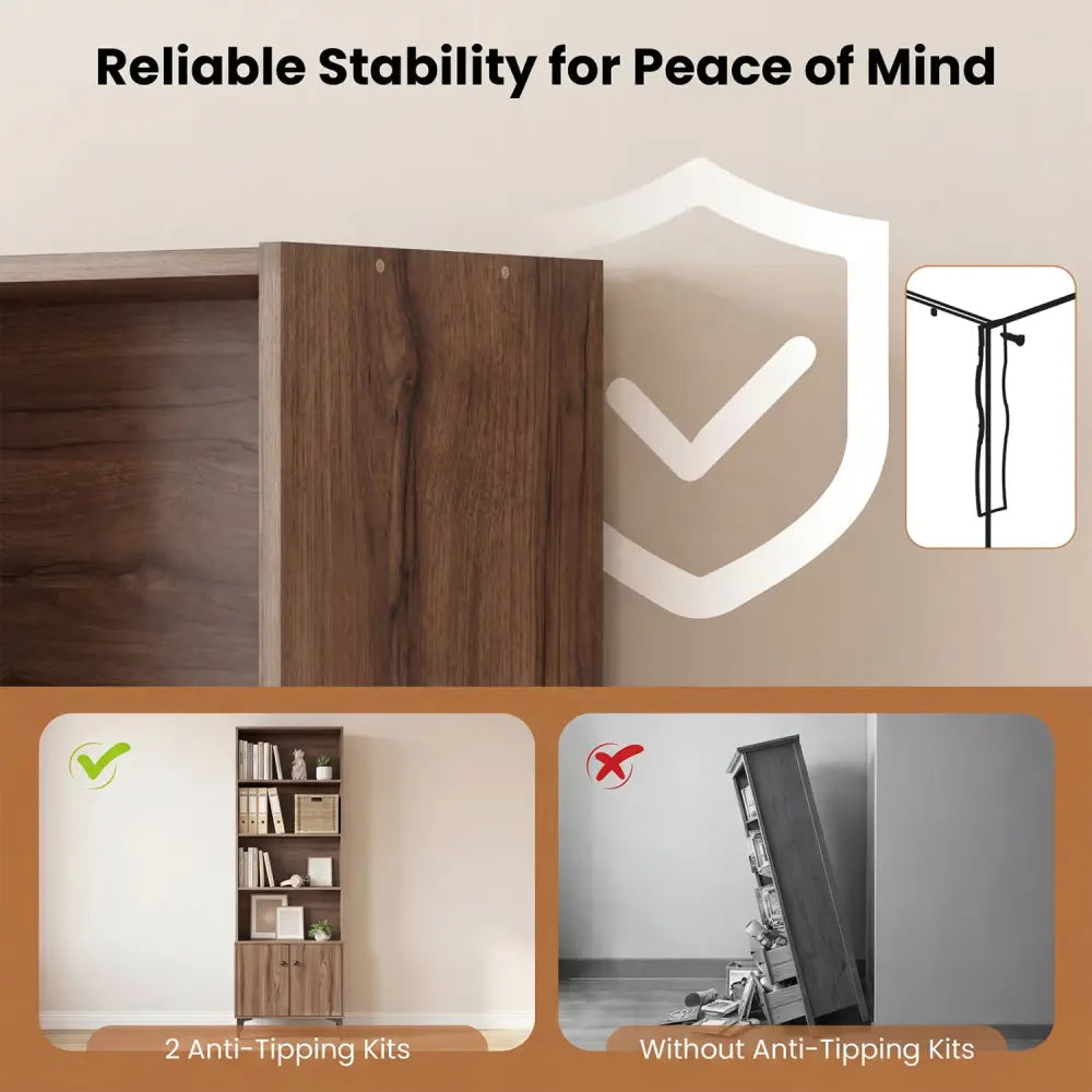 Giantex Bookshelf with Doors and 2 Anti-Tipping Kits for Home Office-Walnut - Walnut - Bookcases