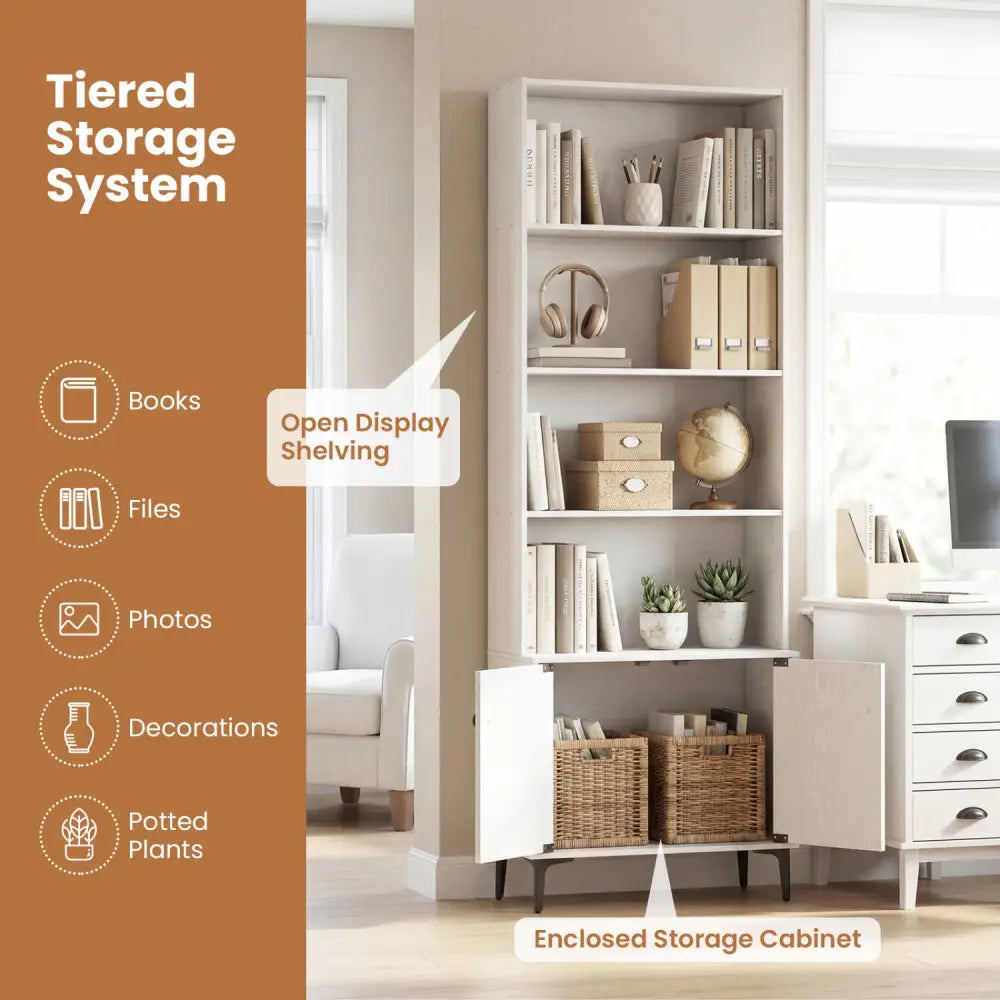 Giantex Bookshelf with Doors and 2 Anti-Tipping Kits for Home Office-White - White - Bookcases
