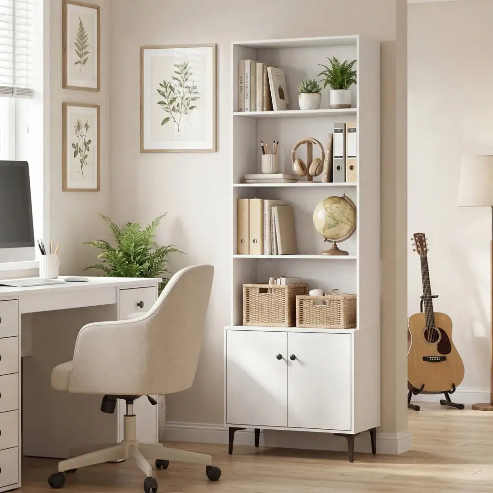Giantex Bookshelf with Doors and 2 Anti-Tipping Kits for Home Office-White - White - Bookcases