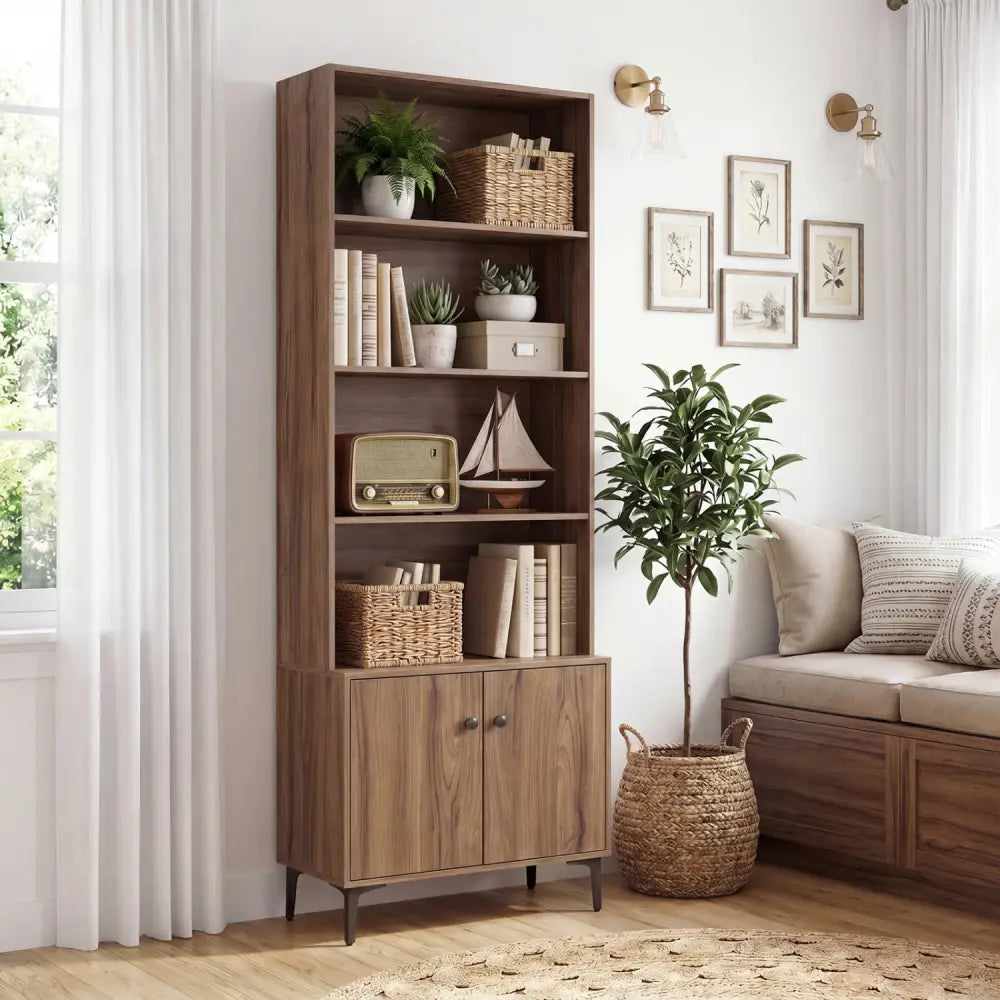 Giantex Bookshelf with Doors and 2 Anti-Tipping Kits for Home Office-Walnut - Walnut - Bookcases