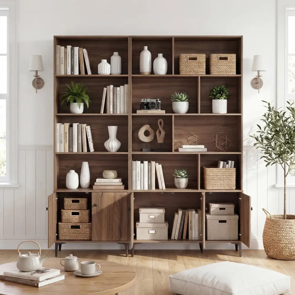 Giantex Bookshelf with Doors and 2 Anti-Tipping Kits for Home Office-Walnut - Walnut - Bookcases