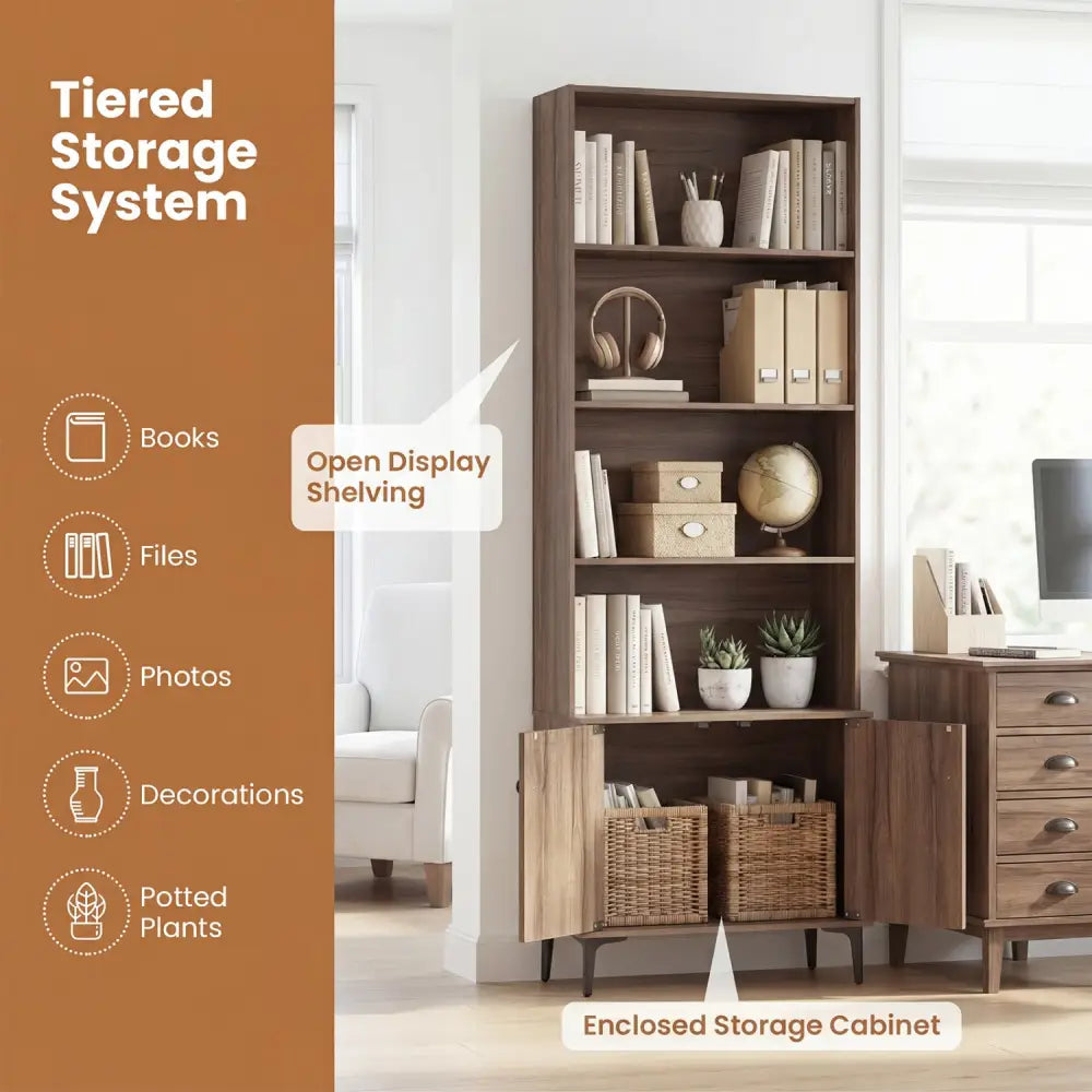 Giantex Bookshelf with Doors and 2 Anti-Tipping Kits for Home Office-Walnut - Walnut - Bookcases