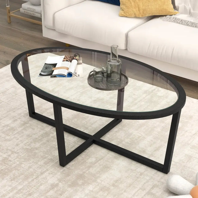 Glass Coffee Table Oval Living Room Table with Cross Base and Acacia Wood Legs-Black - Black - Coffee Tables