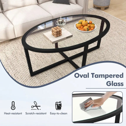 Glass Coffee Table Oval Living Room Table with Cross Base and Acacia Wood Legs-Black - Black - Coffee Tables