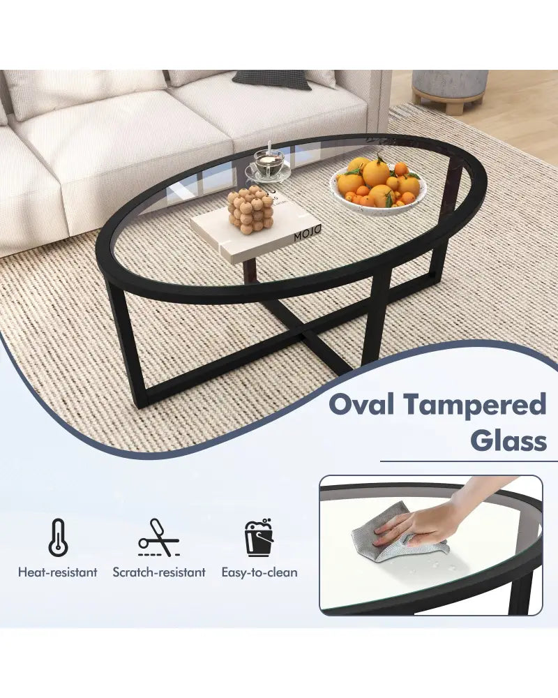 Glass Coffee Table Oval Living Room Table with Cross Base and Acacia Wood Legs-Black - Black - Coffee Tables