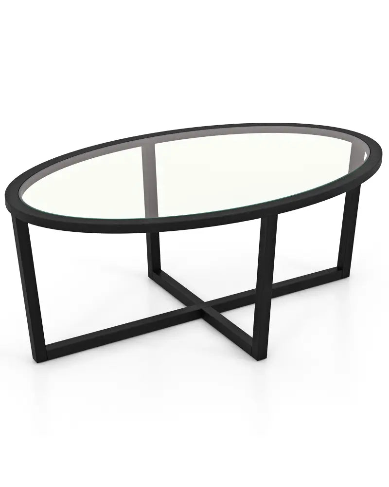 Glass Coffee Table Oval Living Room Table with Cross Base and Acacia Wood Legs-Black - Black - Coffee Tables