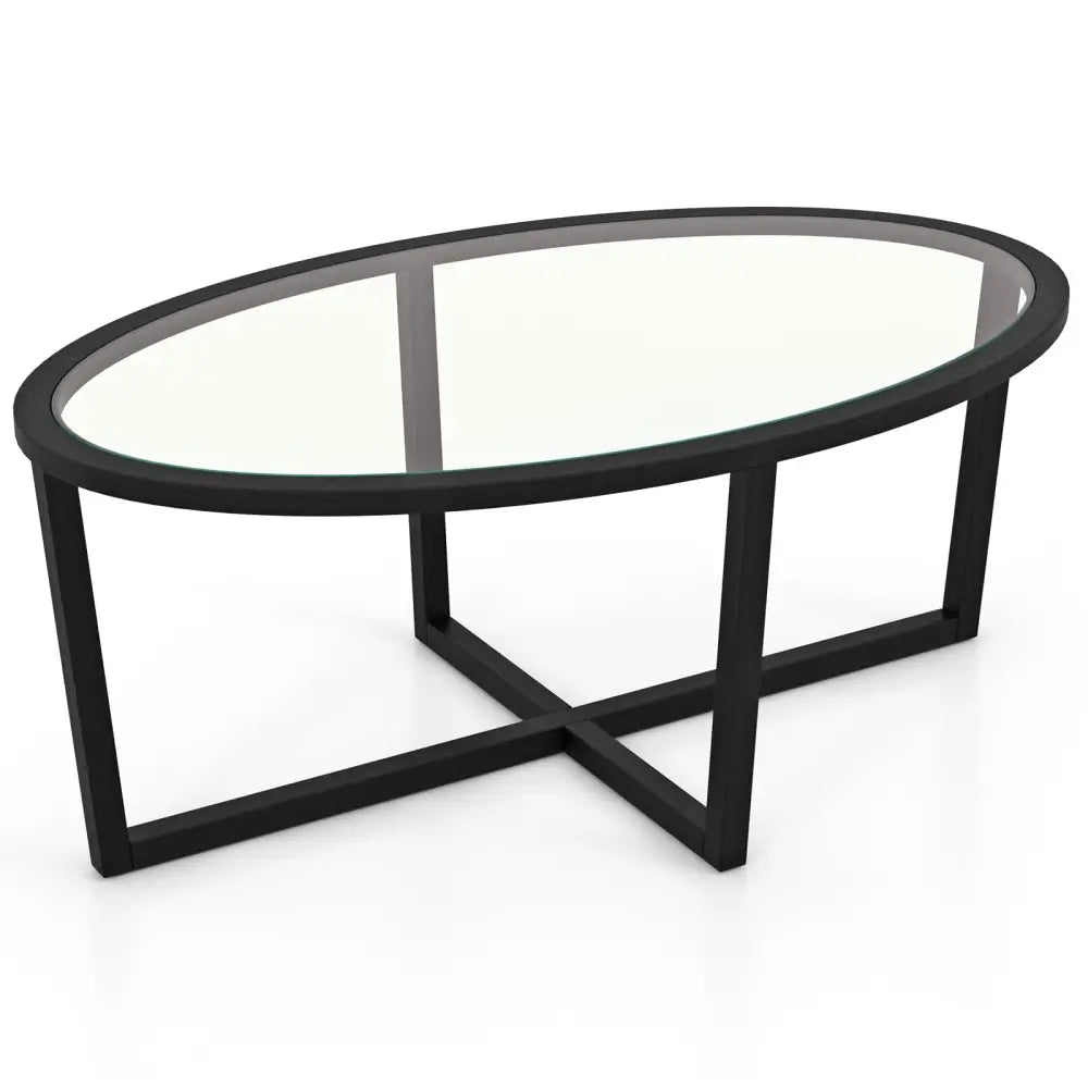 Glass Coffee Table Oval Living Room Table with Cross Base and Acacia Wood Legs-Black - Black - Coffee Tables
