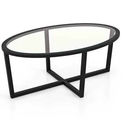 Glass Coffee Table Oval Living Room Table with Cross Base and Acacia Wood Legs-Black - Black - Coffee Tables