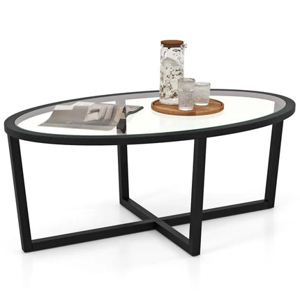 Glass Coffee Table Oval Living Room Table with Cross Base and Acacia Wood Legs-Black - Black - Coffee Tables