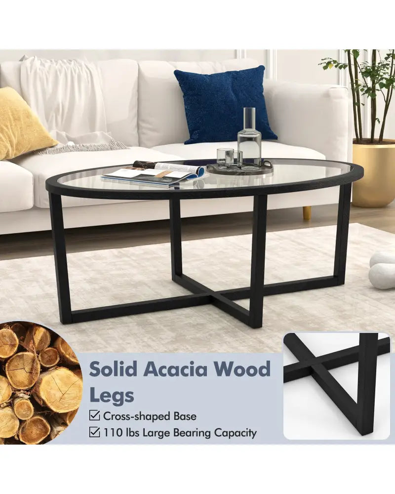 Glass Coffee Table Oval Living Room Table with Cross Base and Acacia Wood Legs-Black - Black - Coffee Tables