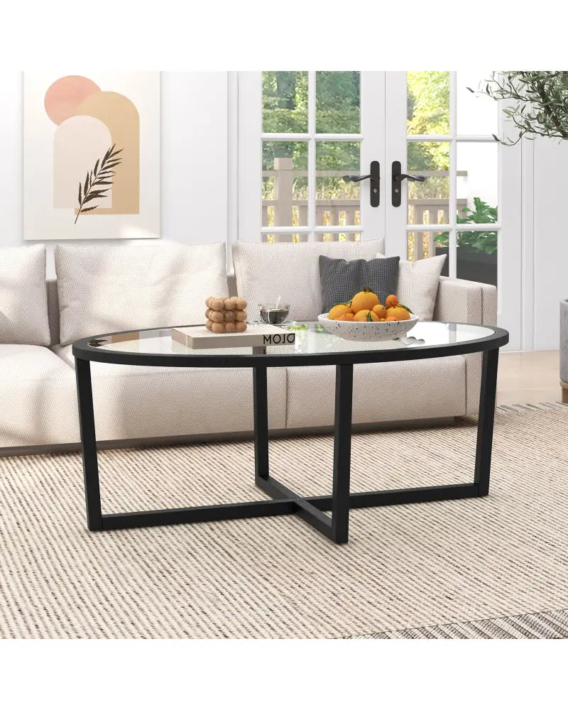 Glass Coffee Table Oval Living Room Table with Cross Base and Acacia Wood Legs-Black - Black - Coffee Tables
