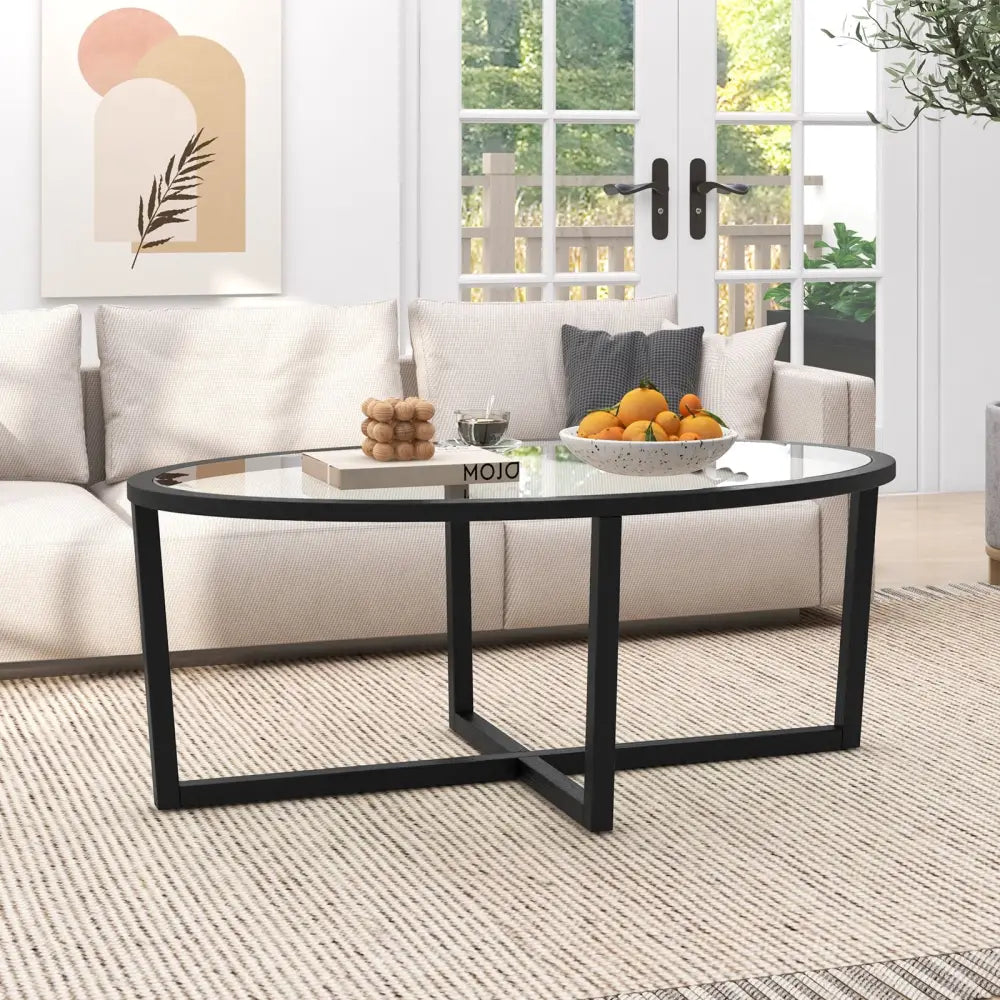 Glass Coffee Table Oval Living Room Table with Cross Base and Acacia Wood Legs-Black - Black - Coffee Tables