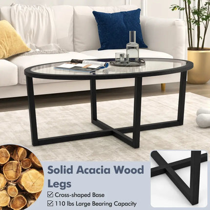 Glass Coffee Table Oval Living Room Table with Cross Base and Acacia Wood Legs-Black - Black - Coffee Tables