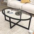 Glass Coffee Table Oval Living Room Table with Cross Base and Acacia Wood Legs-Black - Black - Coffee Tables