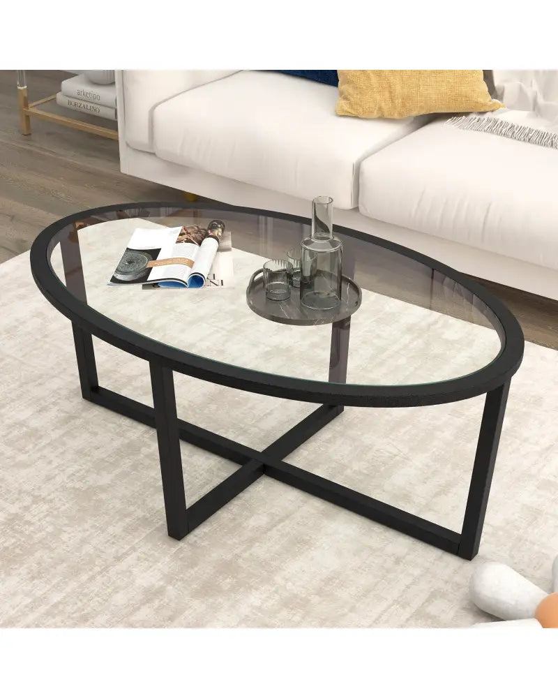 Glass Coffee Table Oval Living Room Table with Cross Base and Acacia Wood Legs-Black - Black - Coffee Tables