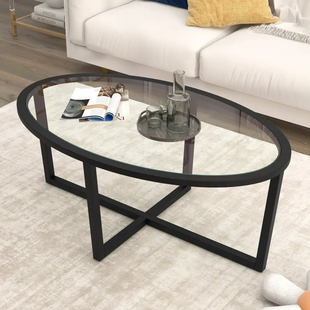 Glass Coffee Table Oval Living Room Table with Cross Base and Acacia Wood Legs-Black - Black - Coffee Tables
