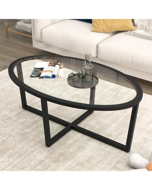 Glass Coffee Table Oval Living Room Table with Cross Base and Acacia Wood Legs-Black - Black - Coffee Tables