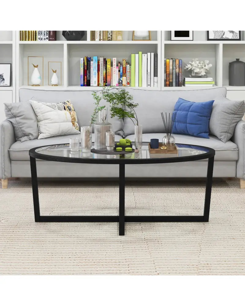 Glass Coffee Table Oval Living Room Table with Cross Base and Acacia Wood Legs-Black - Black - Coffee Tables