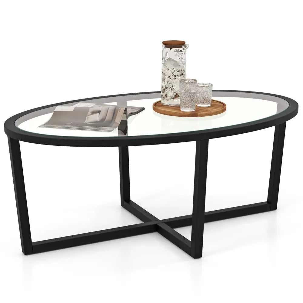 Glass Coffee Table Oval Living Room Table with Cross Base and Acacia Wood Legs-Black - Black - Coffee Tables