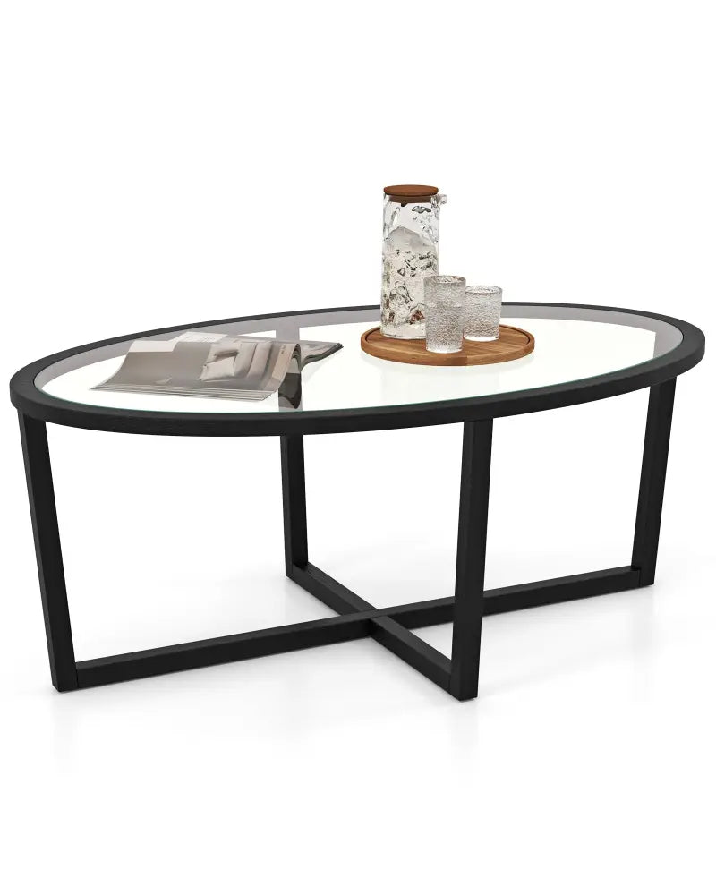 Glass Coffee Table Oval Living Room Table with Cross Base and Acacia Wood Legs-Black - Black - Coffee Tables