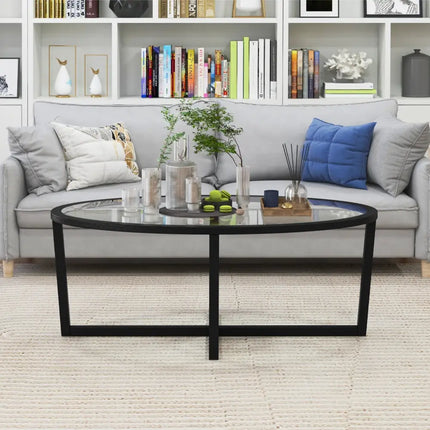 Glass Coffee Table Oval Living Room Table with Cross Base and Acacia Wood Legs-Black - Black - Coffee Tables