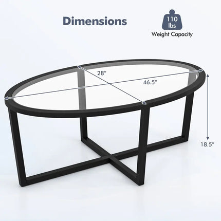Glass Coffee Table Oval Living Room Table with Cross Base and Acacia Wood Legs-Black - Black - Coffee Tables