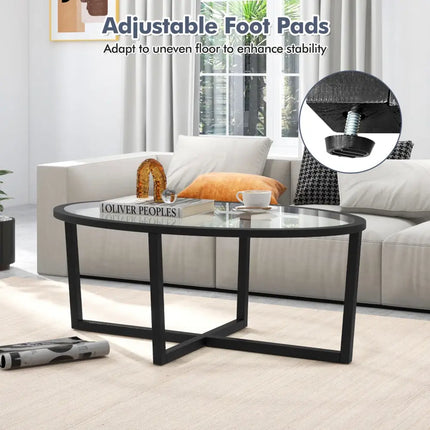 Glass Coffee Table Oval Living Room Table with Cross Base and Acacia Wood Legs-Black - Black - Coffee Tables