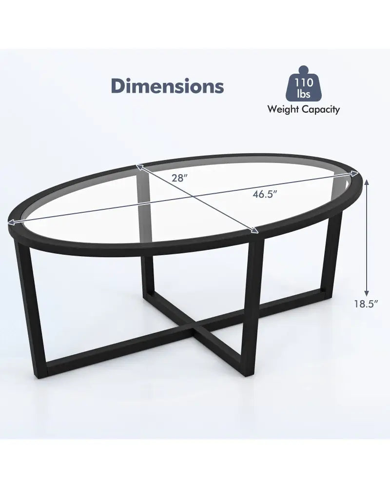 Glass Coffee Table Oval Living Room Table with Cross Base and Acacia Wood Legs-Black - Black - Coffee Tables