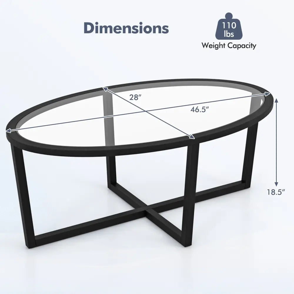Glass Coffee Table Oval Living Room Table with Cross Base and Acacia Wood Legs-Black - Black - Coffee Tables
