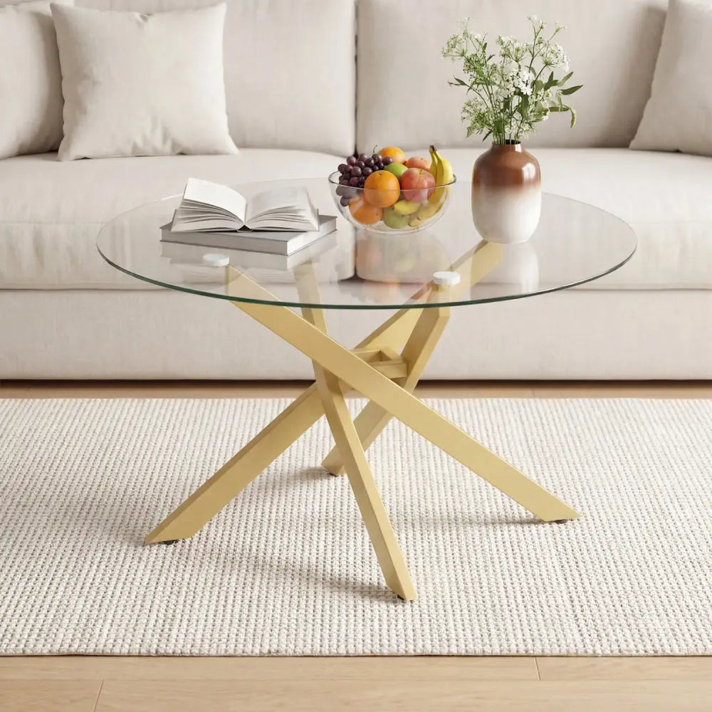 Glass Coffee Table Round Clear Center Table with Tempered Glass Top-Golden - Golden - Coffee Tables