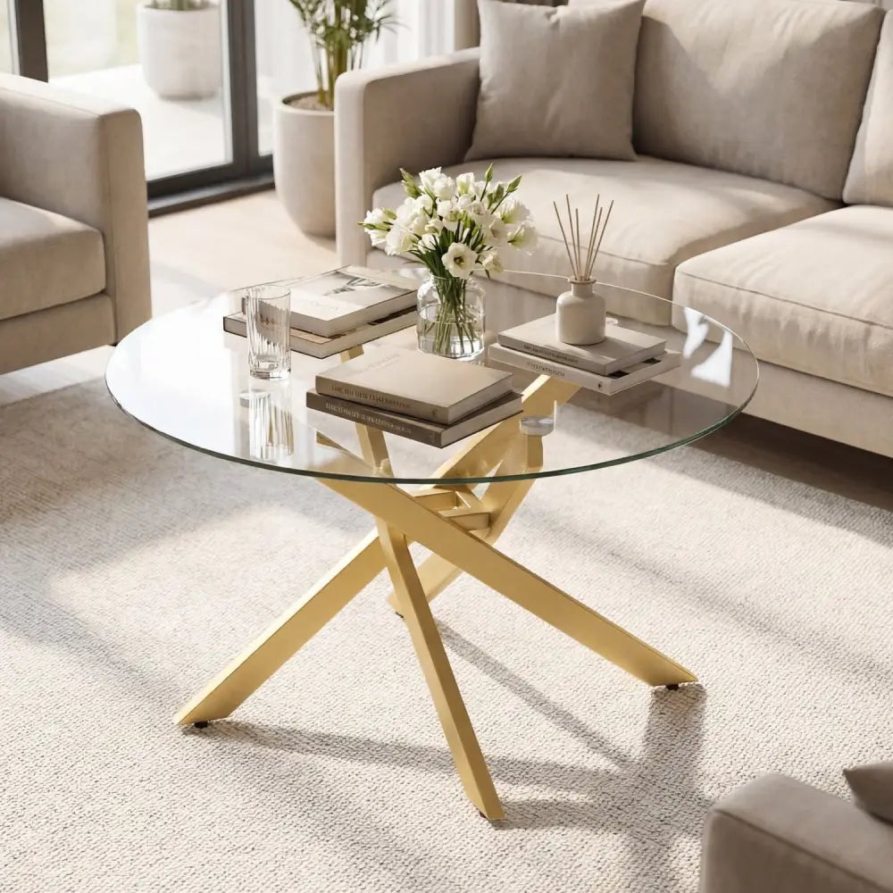 Glass Coffee Table Round Clear Center Table with Tempered Glass Top-Golden - Golden - Coffee Tables