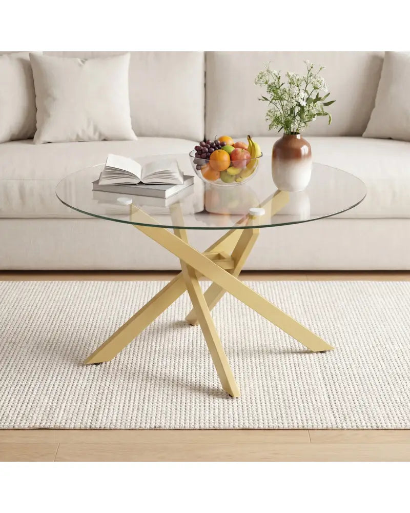 Glass Coffee Table Round Clear Center Table with Tempered Glass Top-Golden - Golden - Coffee Tables