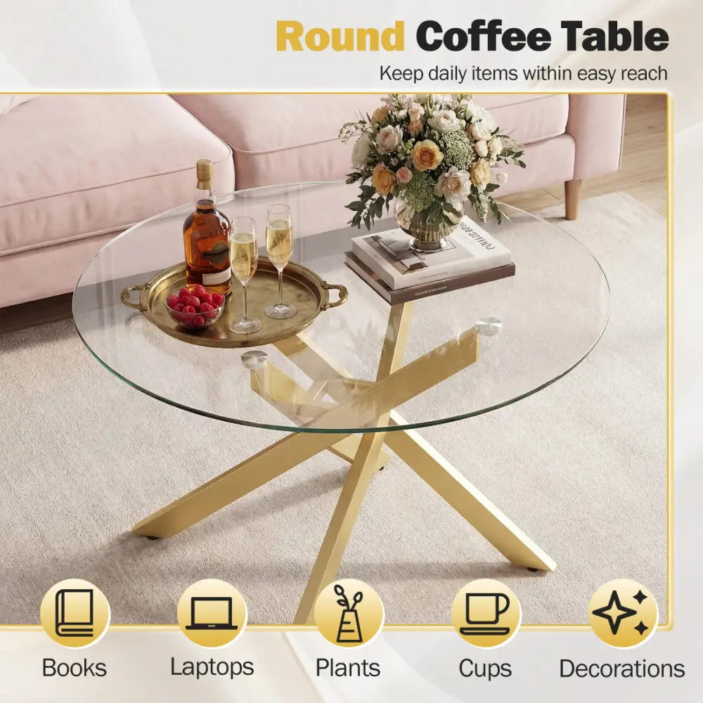 Glass Coffee Table Round Clear Center Table with Tempered Glass Top-Golden - Golden - Coffee Tables