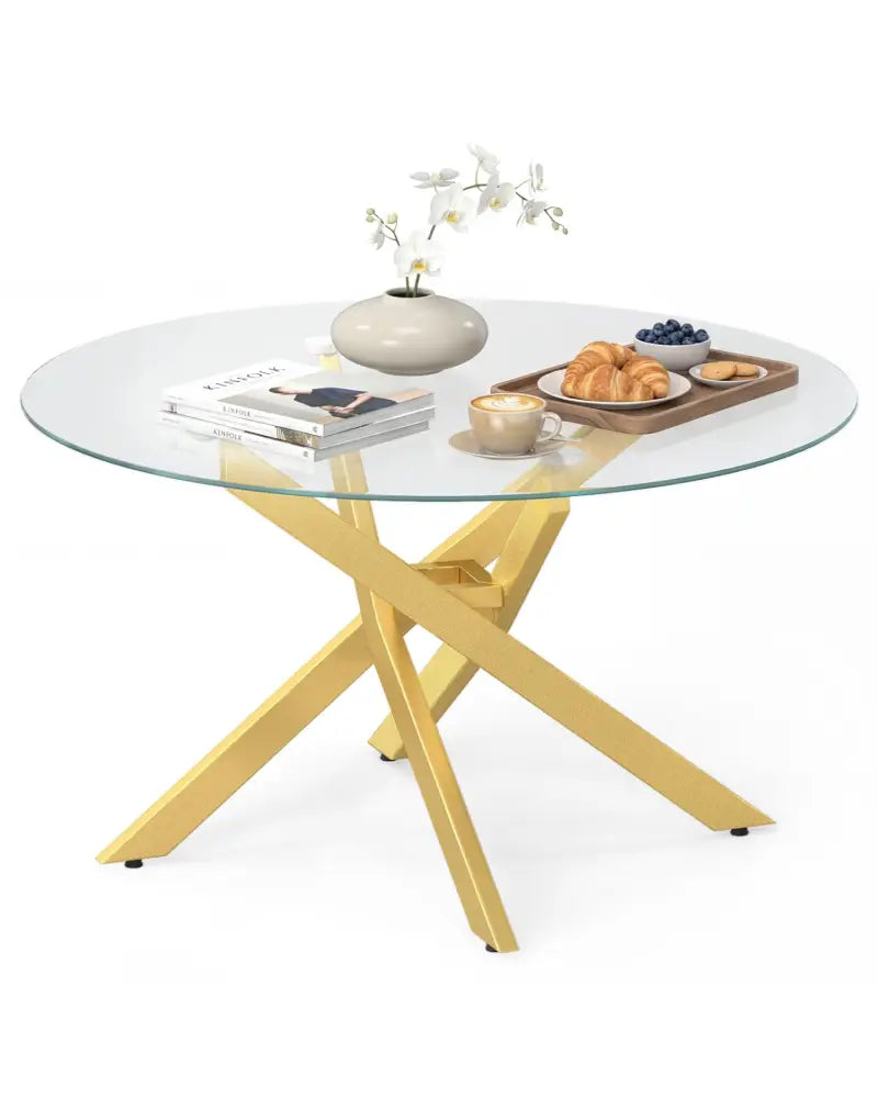 Glass Coffee Table Round Clear Center Table with Tempered Glass Top-Golden - Golden - Coffee Tables