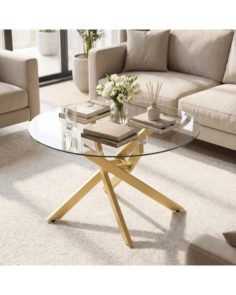 Glass Coffee Table Round Clear Center Table with Tempered Glass Top-Golden - Golden - Coffee Tables