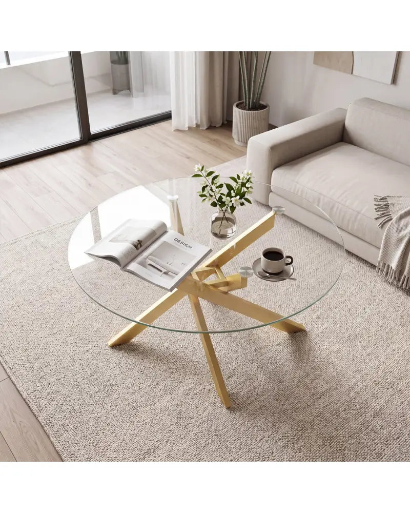 Glass Coffee Table Round Clear Center Table with Tempered Glass Top-Golden - Golden - Coffee Tables