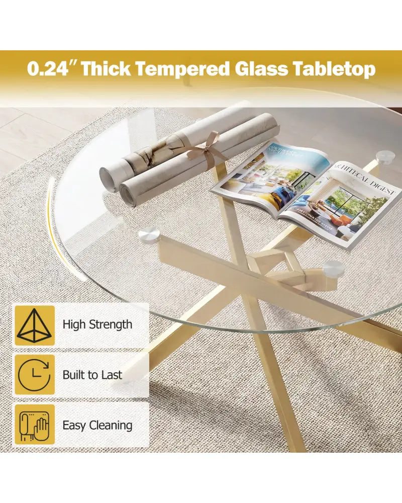 Glass Coffee Table Round Clear Center Table with Tempered Glass Top-Golden - Golden - Coffee Tables