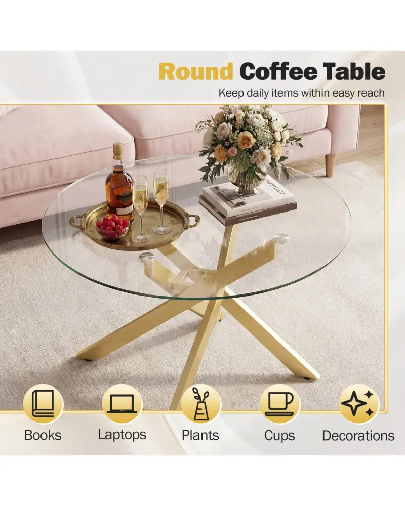 Glass Coffee Table Round Clear Center Table with Tempered Glass Top-Golden - Golden - Coffee Tables