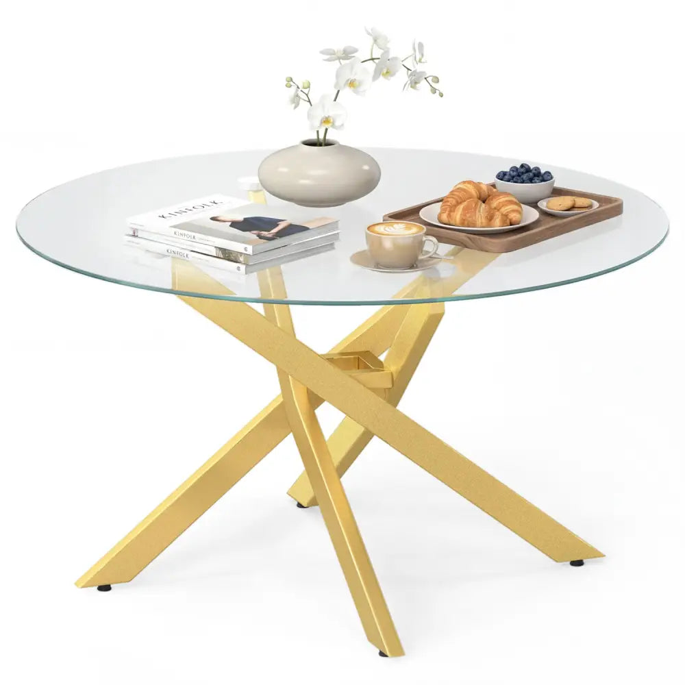 Glass Coffee Table Round Clear Center Table with Tempered Glass Top-Golden - Golden - Coffee Tables