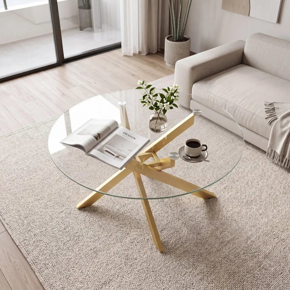 Glass Coffee Table Round Clear Center Table with Tempered Glass Top-Golden - Golden - Coffee Tables