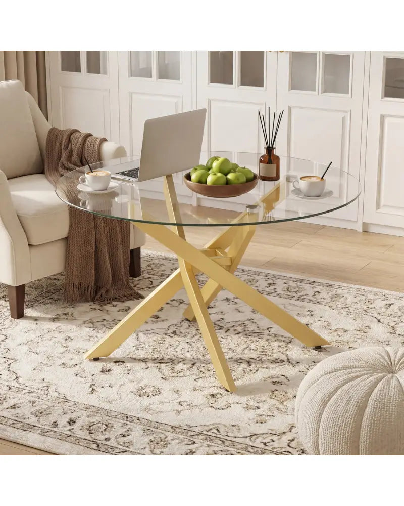 Glass Coffee Table Round Clear Center Table with Tempered Glass Top-Golden - Golden - Coffee Tables