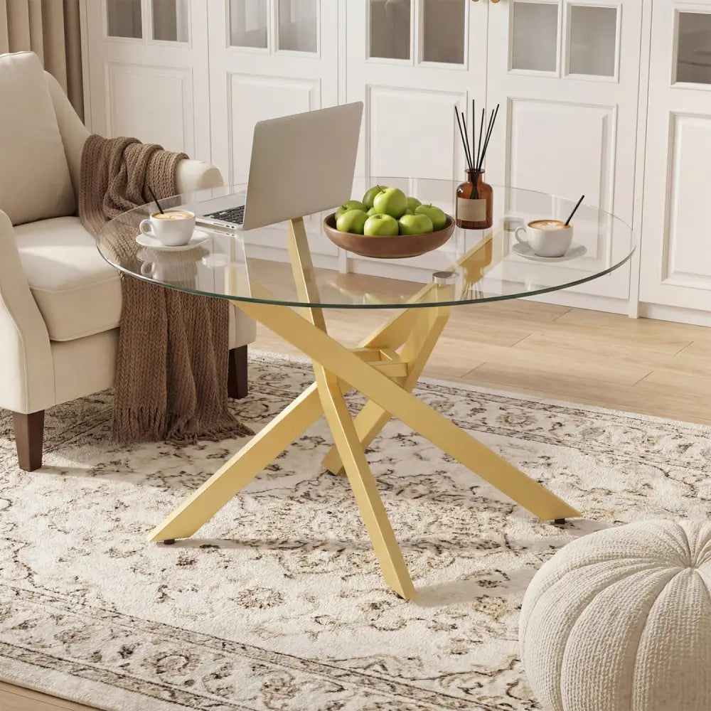 Glass Coffee Table Round Clear Center Table with Tempered Glass Top-Golden - Golden - Coffee Tables