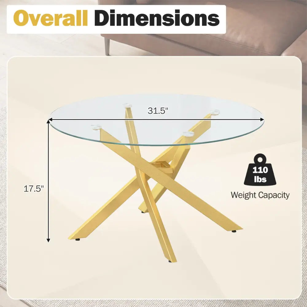 Glass Coffee Table Round Clear Center Table with Tempered Glass Top-Golden - Golden - Coffee Tables