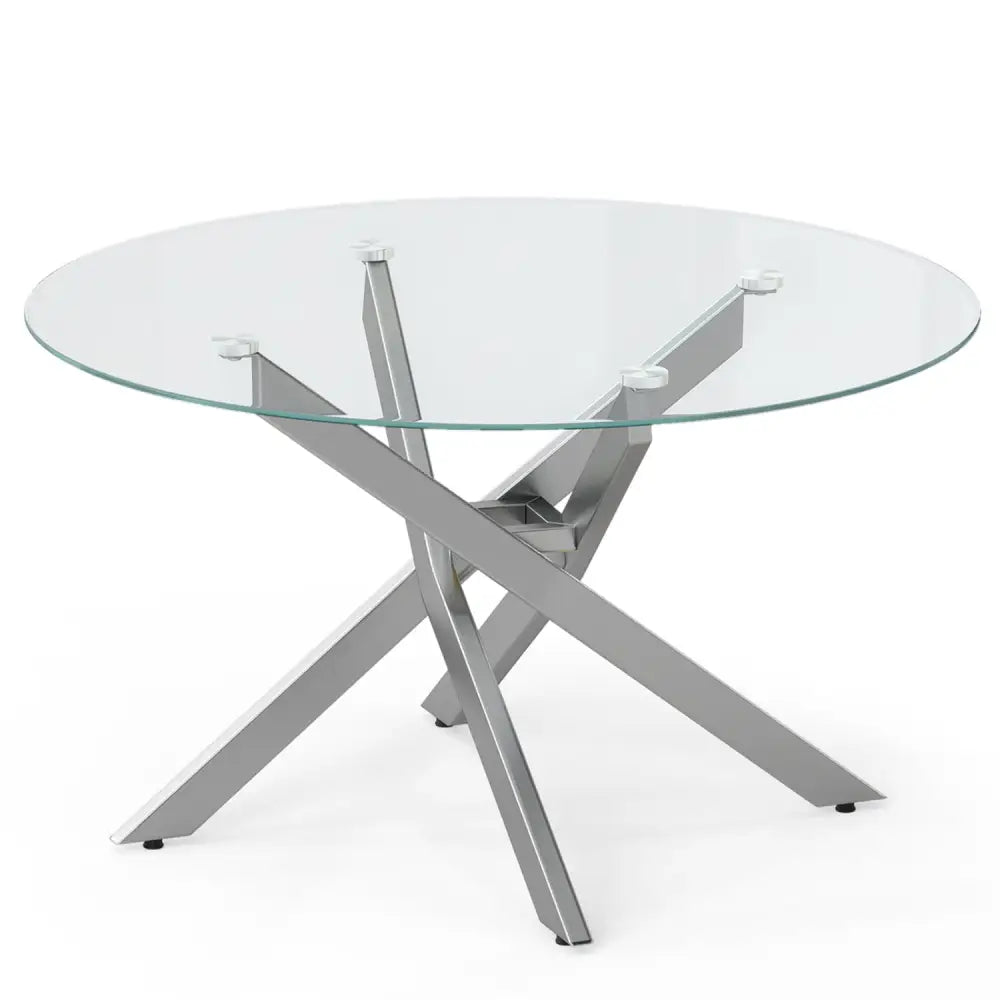 Glass Coffee Table Round Clear Center Table with Tempered Glass Top-Silver - Silver - Coffee Tables