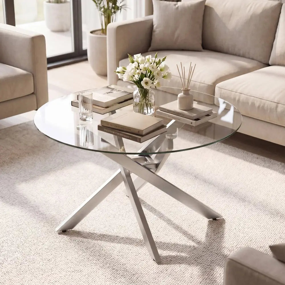 Glass Coffee Table Round Clear Center Table with Tempered Glass Top-Silver - Silver - Coffee Tables