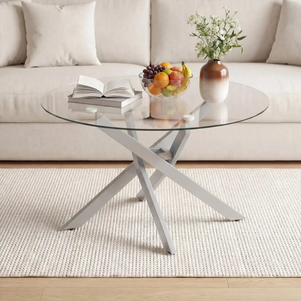 Glass Coffee Table Round Clear Center Table with Tempered Glass Top-Silver - Silver - Coffee Tables