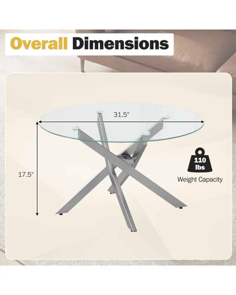 Glass Coffee Table Round Clear Center Table with Tempered Glass Top-Silver - Silver - Coffee Tables