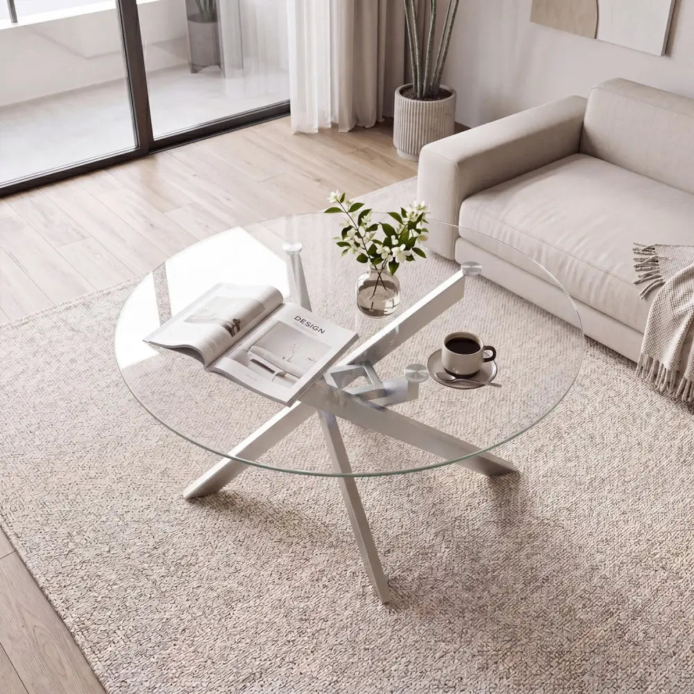 Glass Coffee Table Round Clear Center Table with Tempered Glass Top-Silver - Silver - Coffee Tables