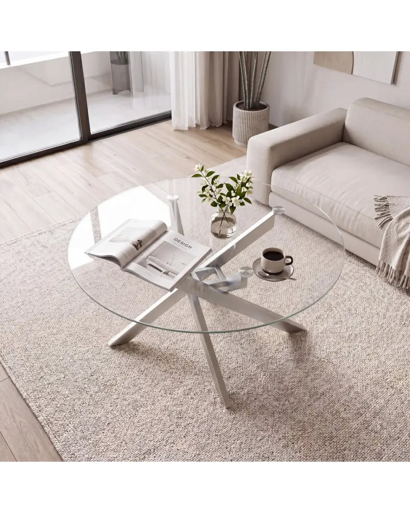 Glass Coffee Table Round Clear Center Table with Tempered Glass Top-Silver - Silver - Coffee Tables